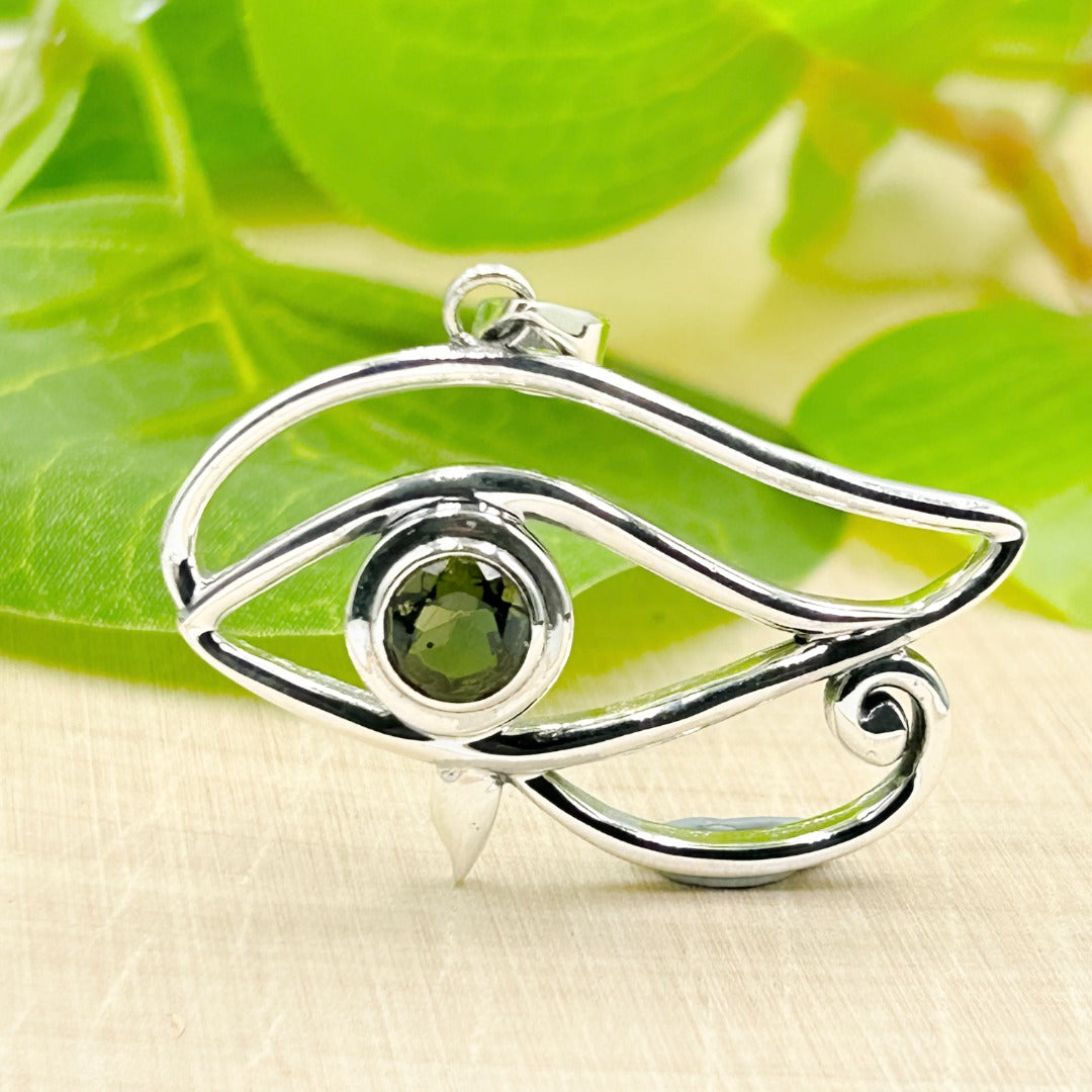 Moldavite Eye Of Horus Sterling Silver Pendant ( 989358 )