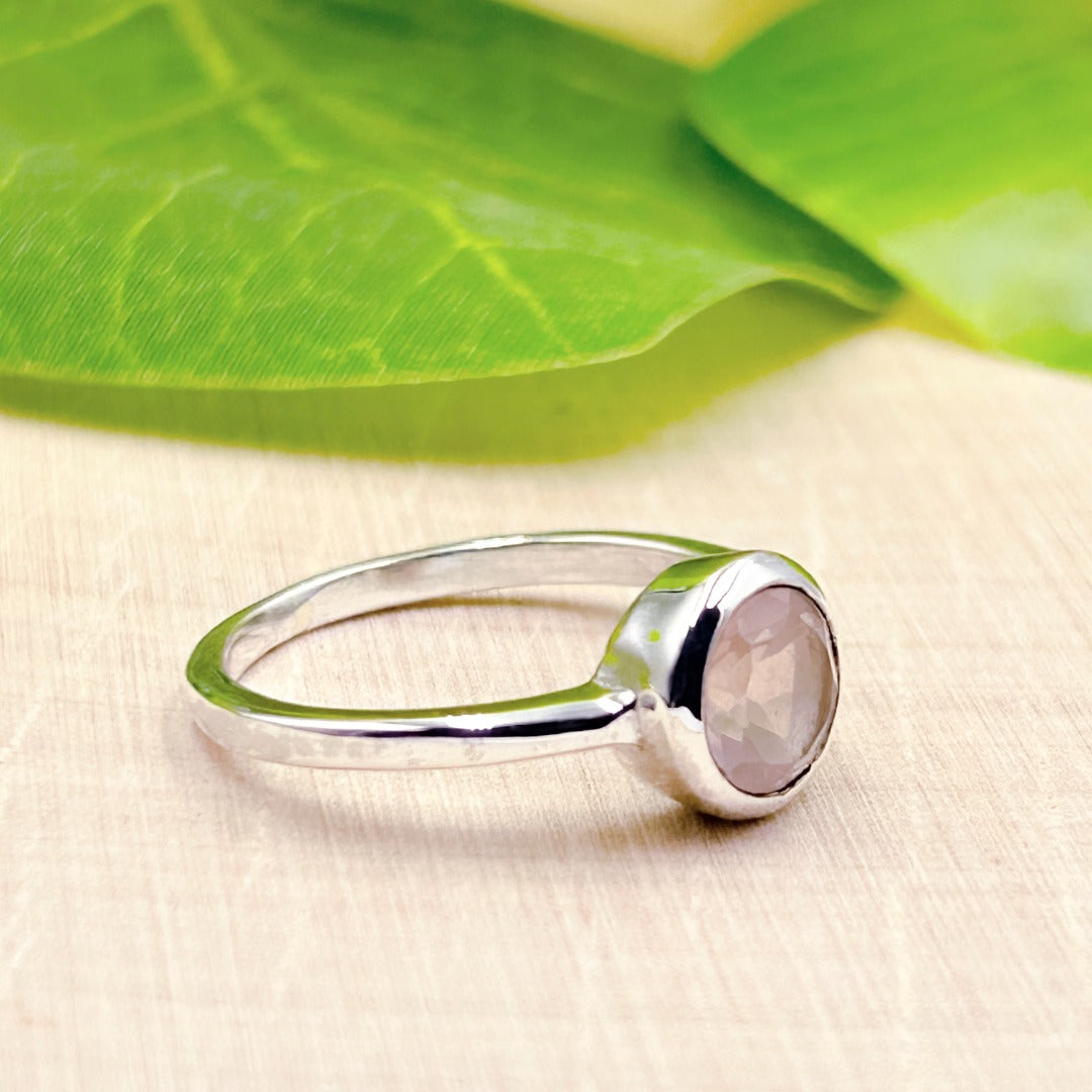 Rose Quartz Round 7mm Sterling Silver Ring Size 9