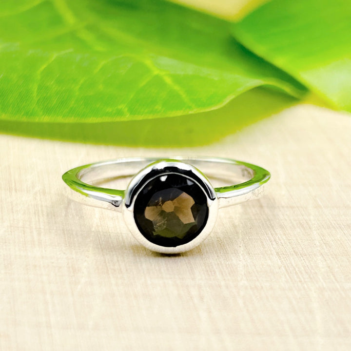 Smoky Quartz Round 7mm Sterling Silver Ring Size 8 / P