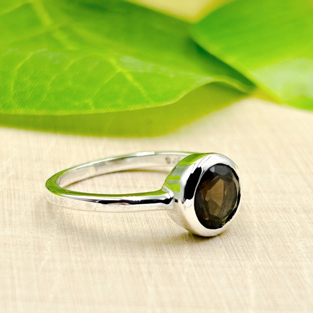 Smoky Quartz Round 7mm Sterling Silver Ring Size 7