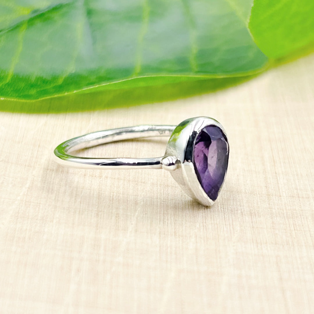 Amethyst Pear 6x9 Sterling Silver Ring Size 7