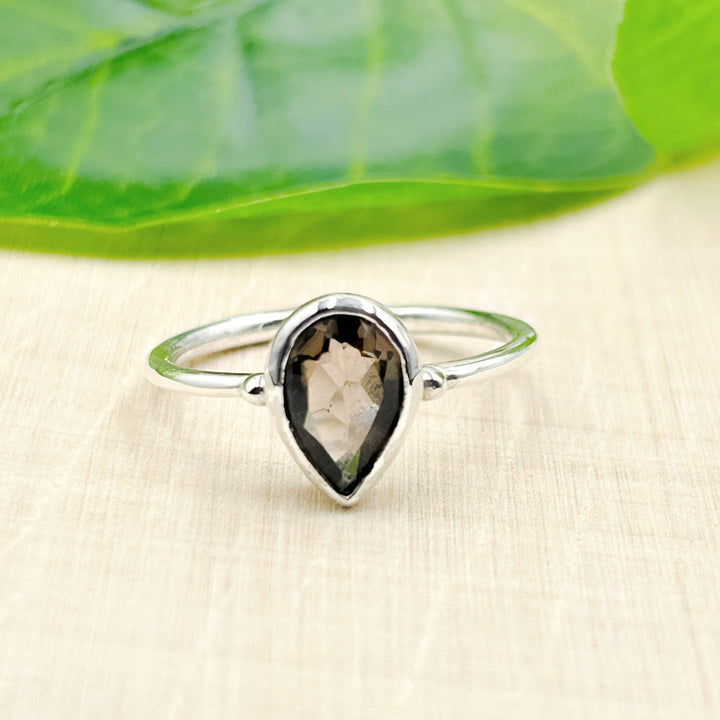 Smoky Quartz Pear 6x9 Sterling Silver Ring Size 9