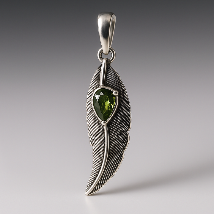 Moldavite Polished 8mm Feather Sterling Silver Pendant  ( FP1 )