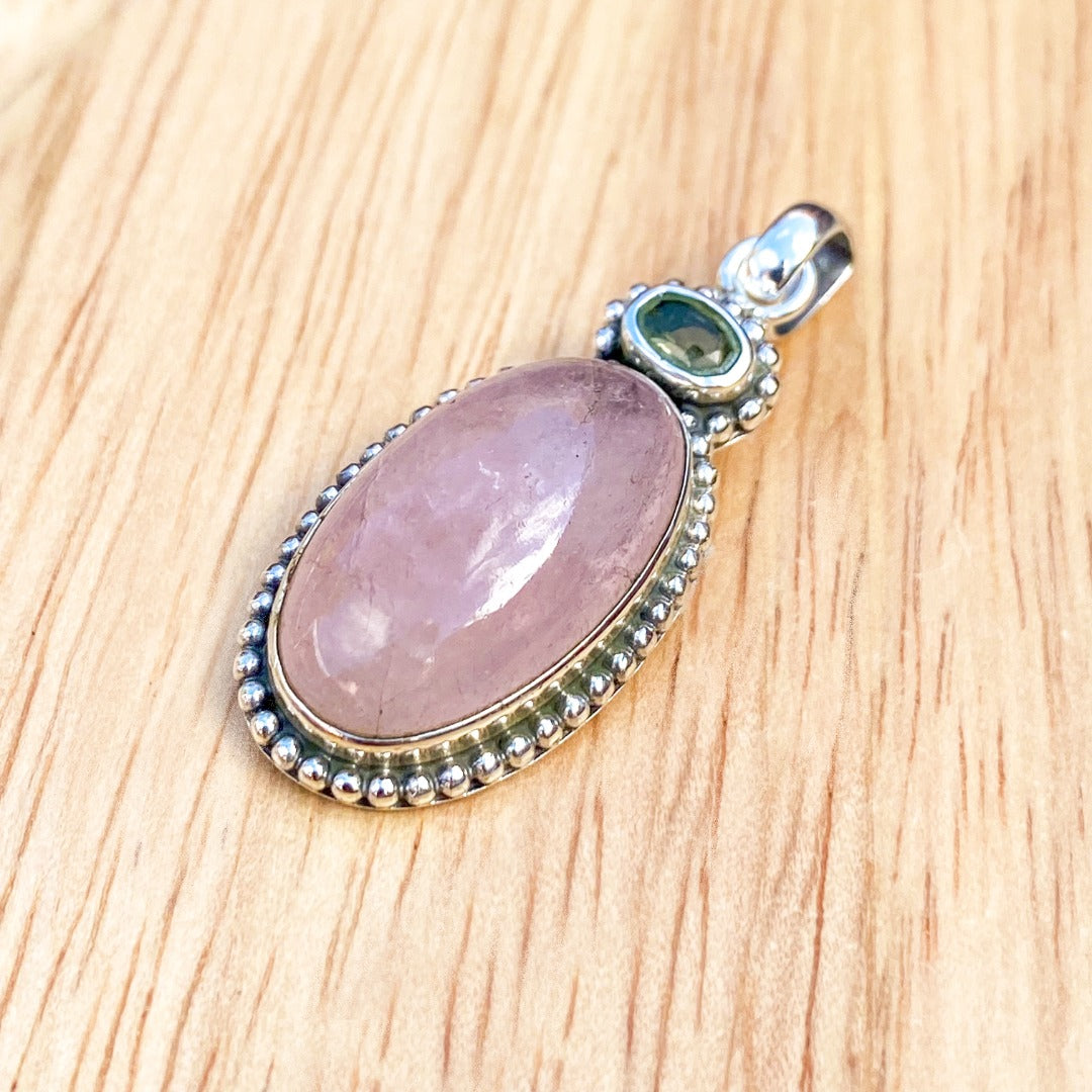 Moldavite Morganite Sterling Silver Pendant  ( P62 )
