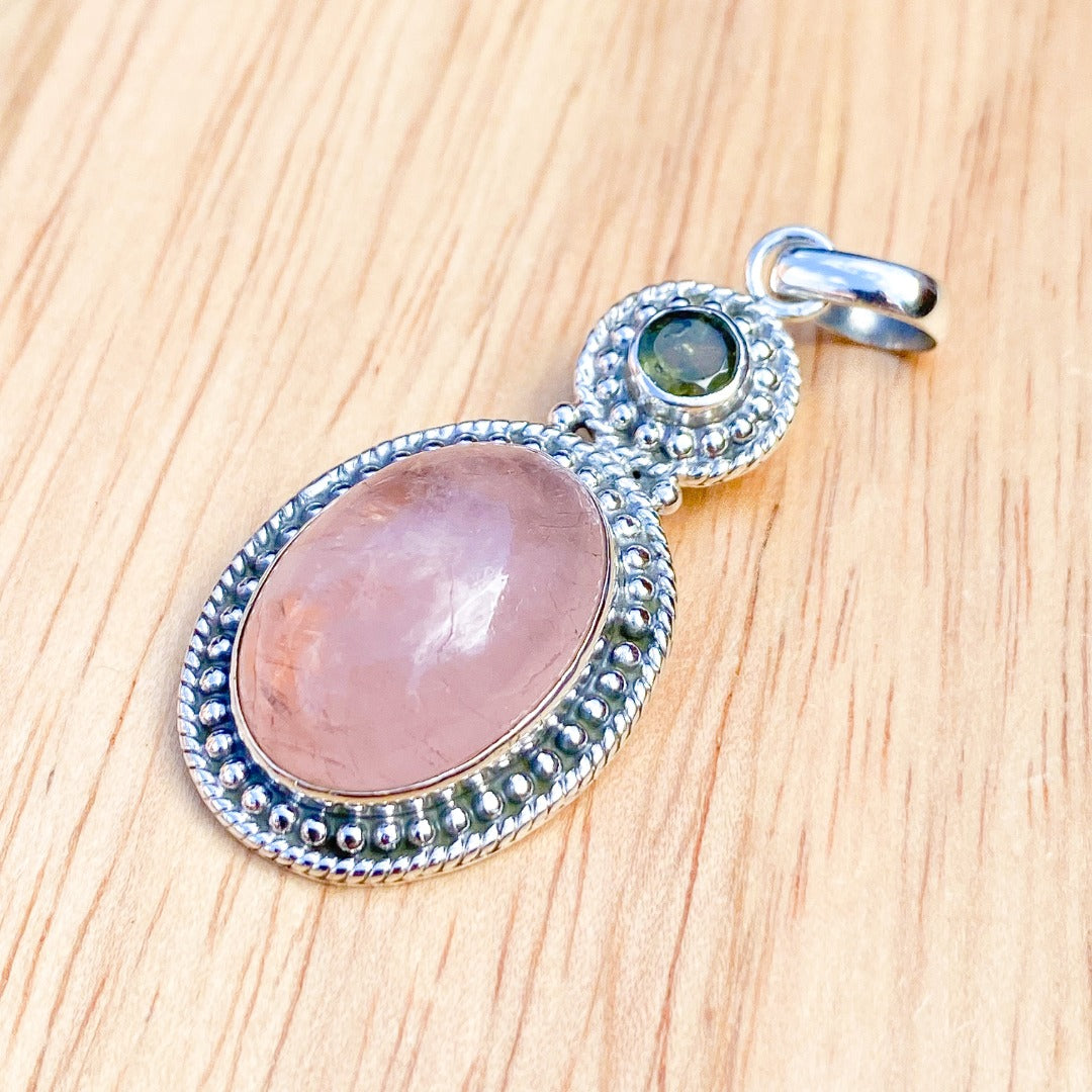 Moldavite Morganite Sterling Silver Pendant  ( P63 )
