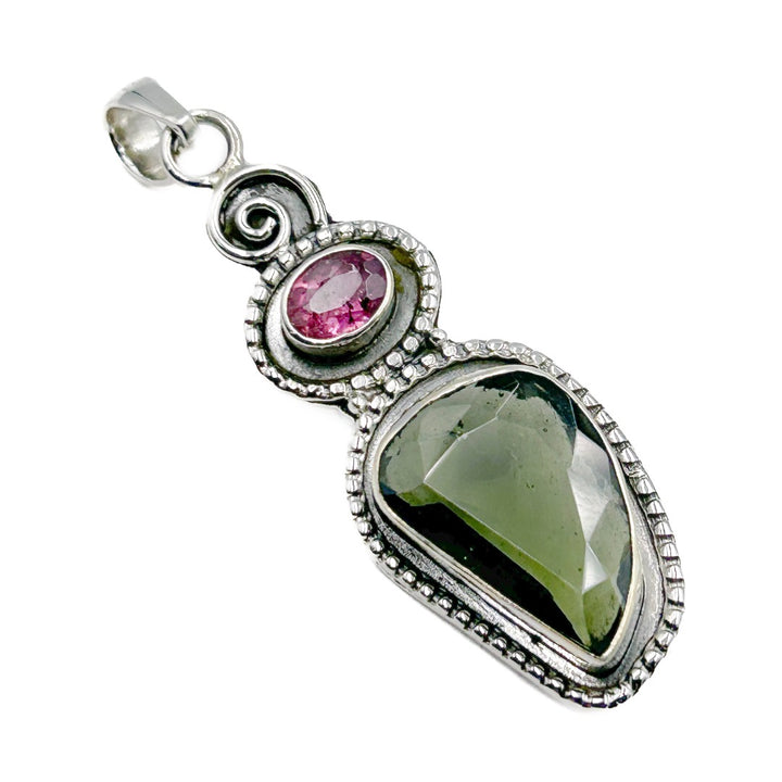 Moldavite Tourmaline Sterling Silver Faceted Pendant  ( 20549 )