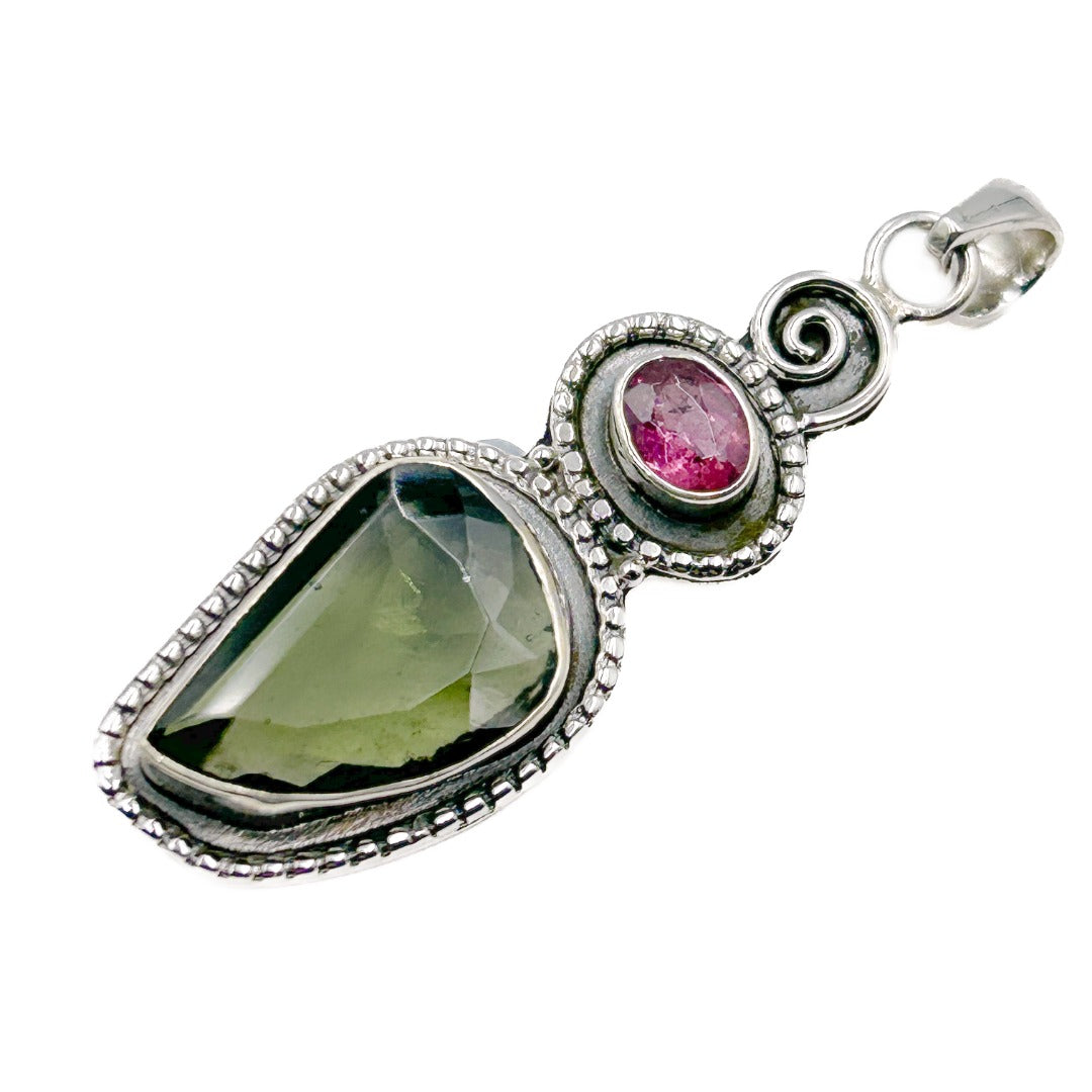 Moldavite Tourmaline Sterling Silver Faceted Pendant  ( 20549 )