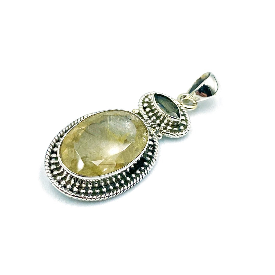 Golden Rutile Moldavite Faceted Quartz Sterling Silver Pendant ( P203 )