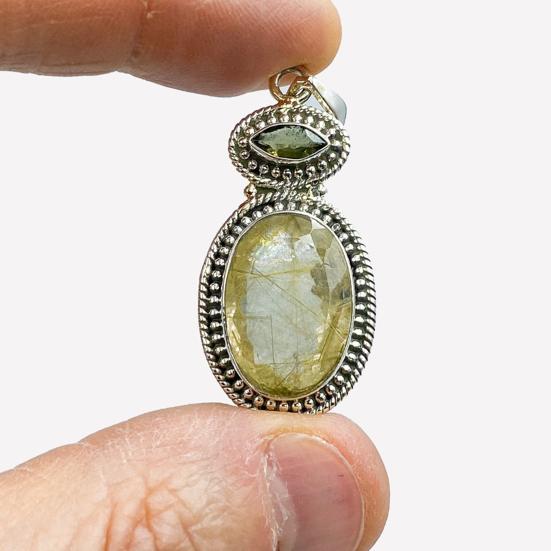Golden Rutile Moldavite Faceted Quartz Sterling Silver Pendant ( P203 )