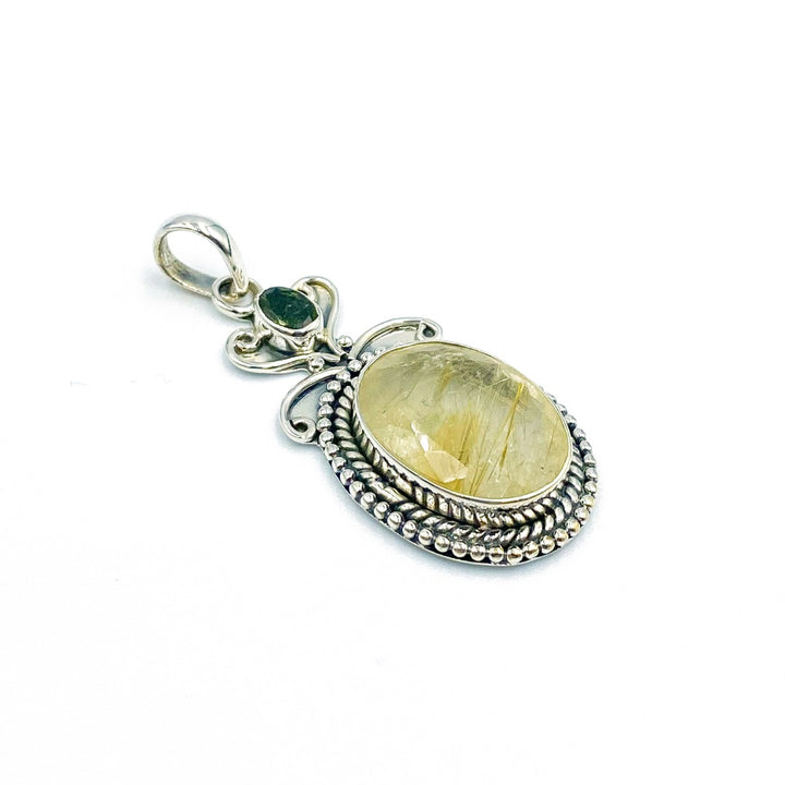 Golden Rutile Moldavite Faceted Quartz Sterling Silver Pendant ( P35 )