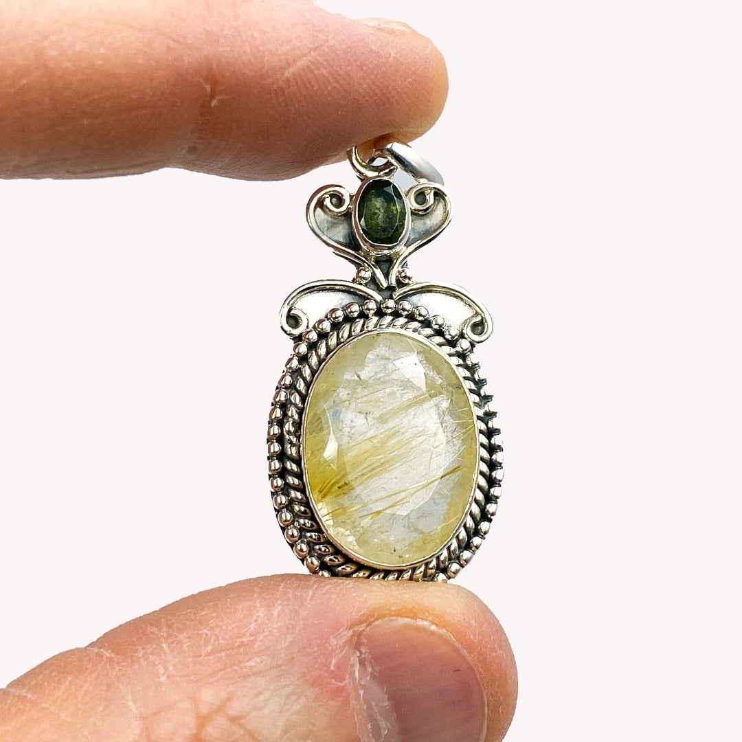 Golden Rutile Moldavite Faceted Quartz Sterling Silver Pendant ( P35 )