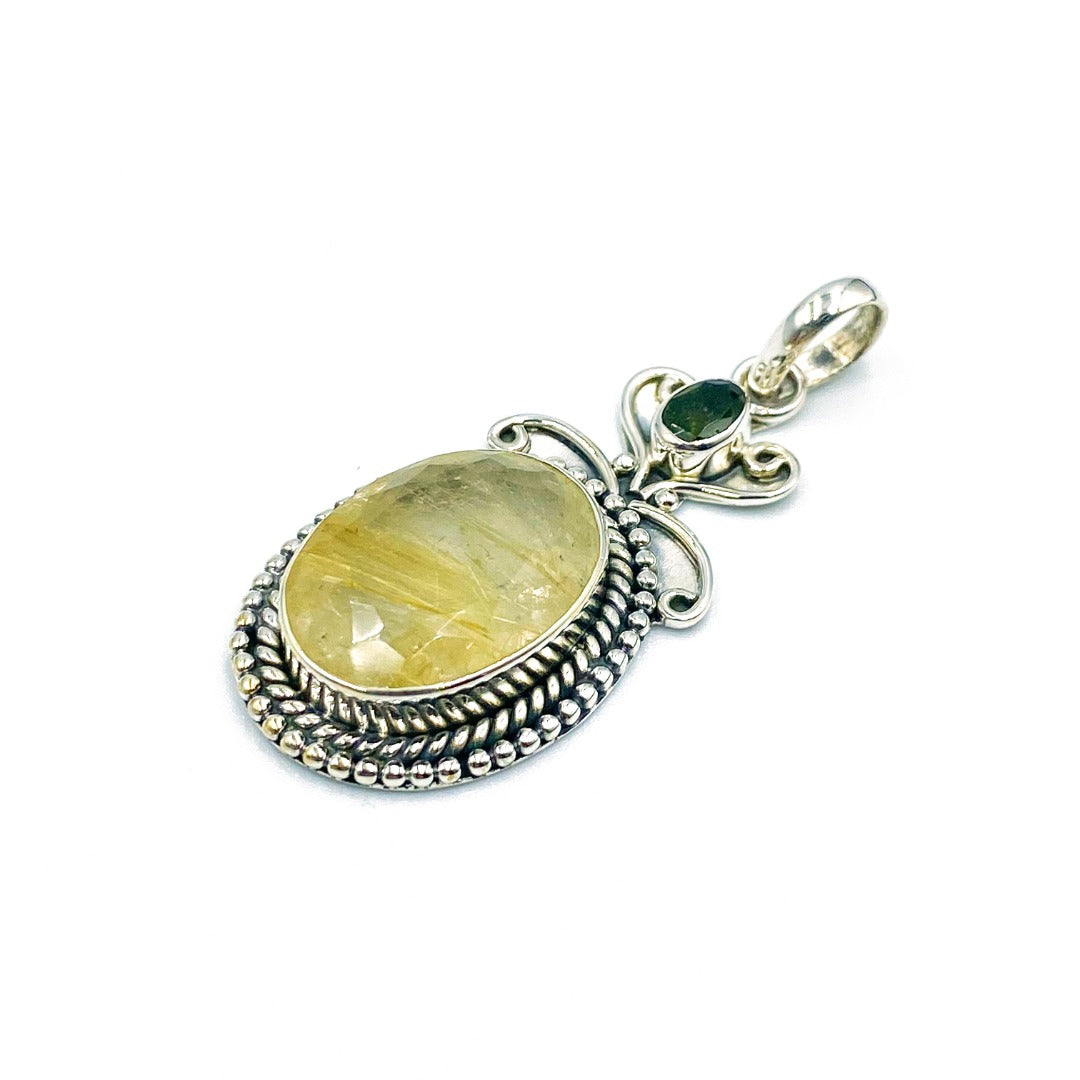 Golden Rutile Moldavite Faceted Quartz Sterling Silver Pendant ( P35 )