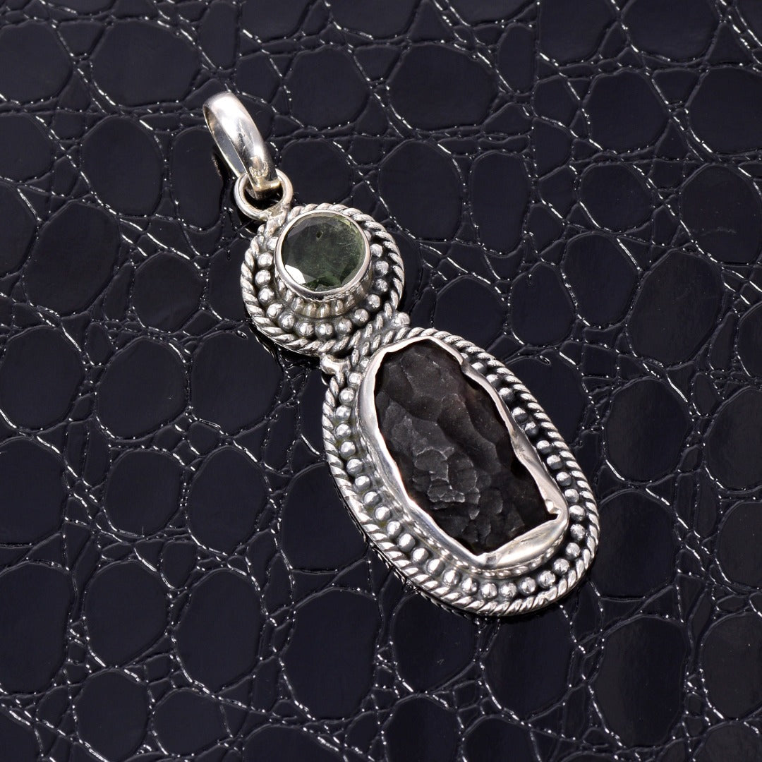 Moldavite Cintamani Faceted Sterling Silver Pendant ( P49 )