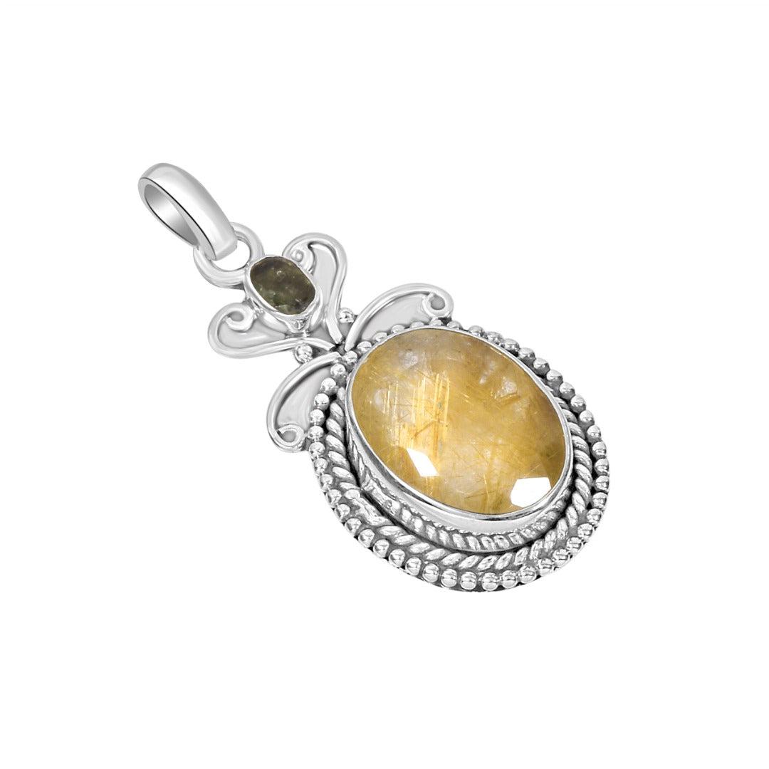 Golden Rutile Moldavite Faceted Quartz Sterling Silver Pendant ( P41 )