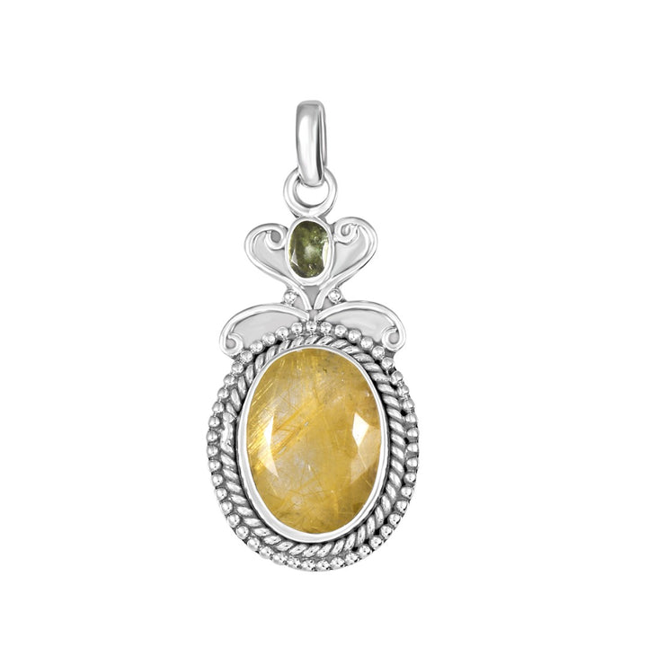 Golden Rutile Moldavite Faceted Quartz Sterling Silver Pendant ( P41 )