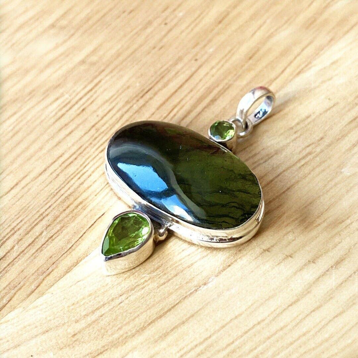 Moldavite Peridot Sterling Silver Pendant  ( 291286 )