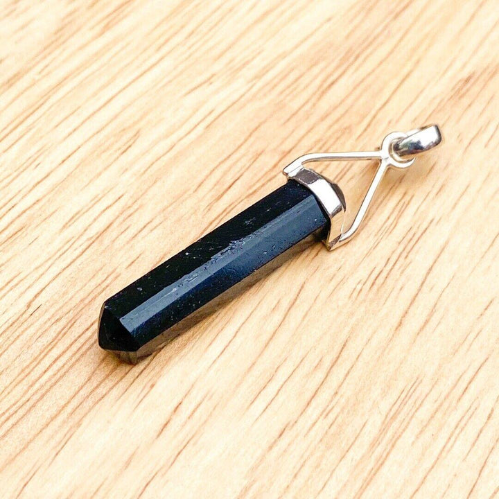 Black Tigers Eye Crystal Point Sterling Silver Pendant ( 773798 )