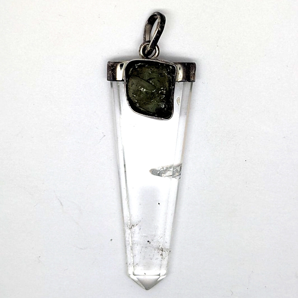 Moldavite & Clear Quartz Point Silver Pendant