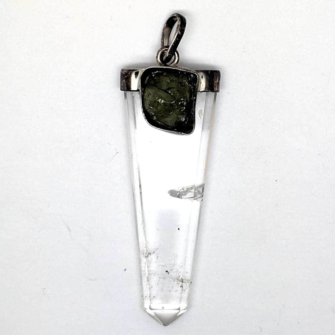 Moldavite & Clear Quartz Point Silver Pendant
