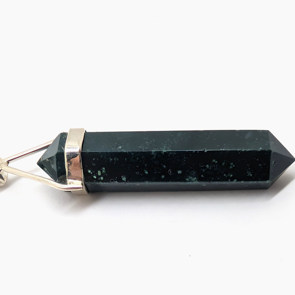 Moss Agate Silver Pendant Hexagonal Point Crystal 