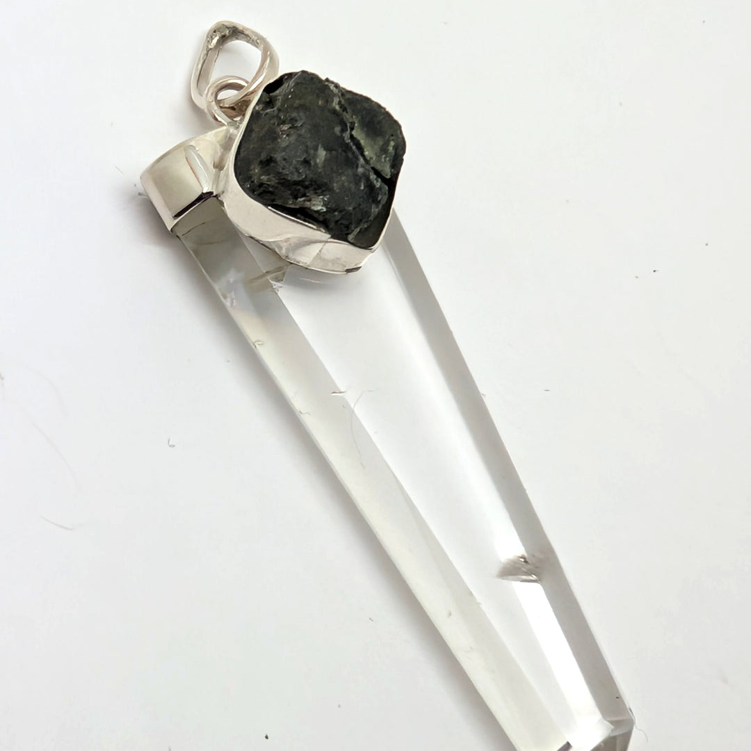 Moldavite & Clear Quartz Point Silver Pendant