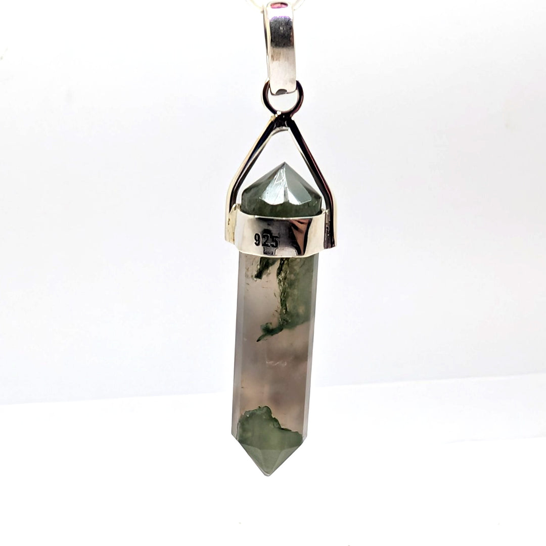 Moss Agate Garden Quartz Sterling Silver 925 Pendant Lodolite Point 4.95g