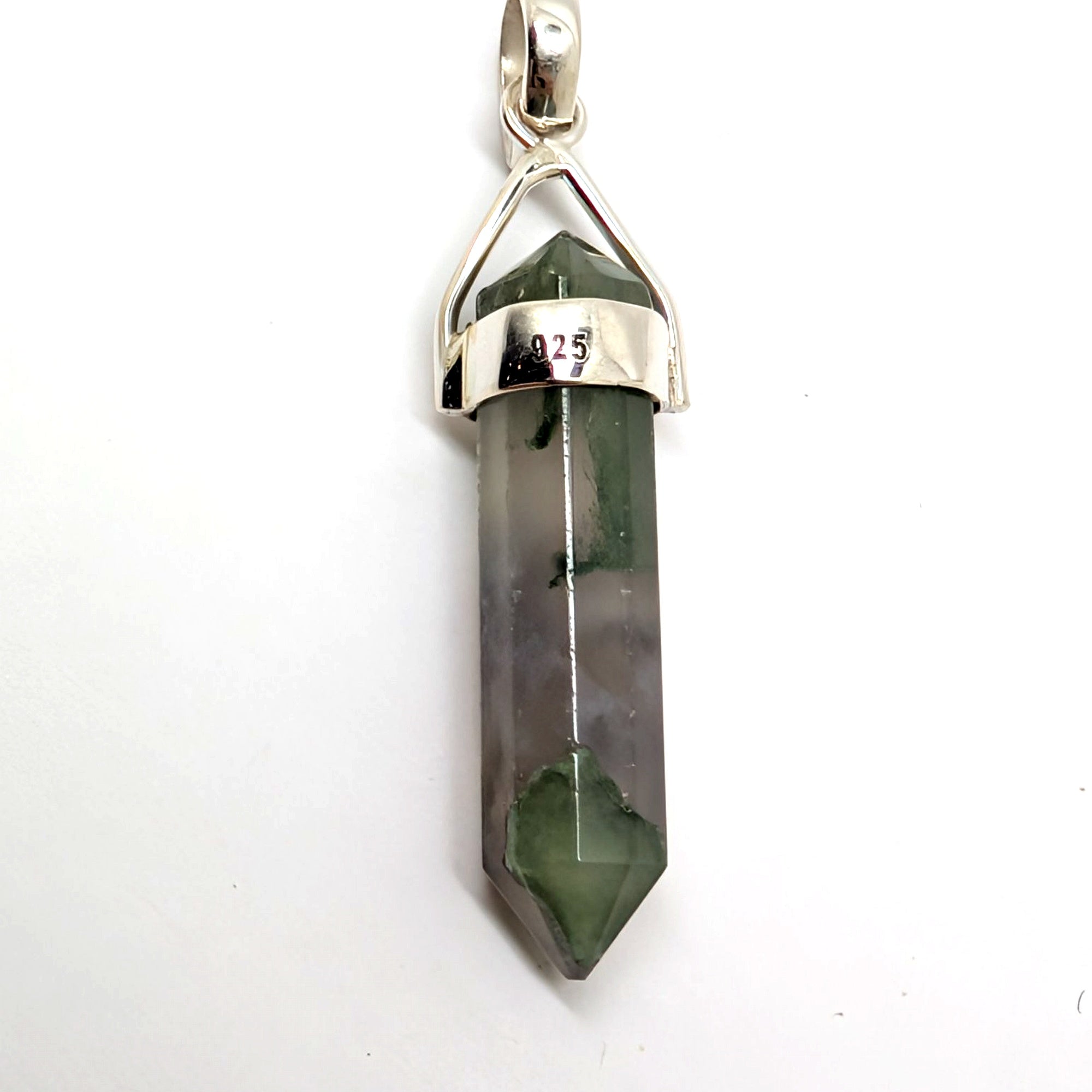 Moss Agate Garden Quartz Sterling Silver 925 Pendant Lodolite Point 4.95g