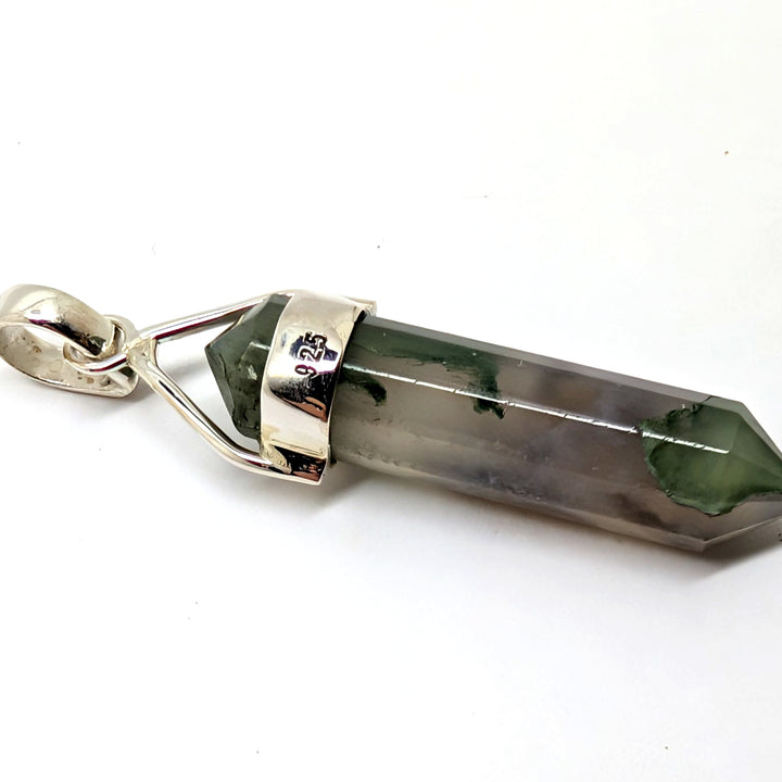 Moss Agate Garden Quartz Sterling Silver 925 Pendant Lodolite Point 4.95g