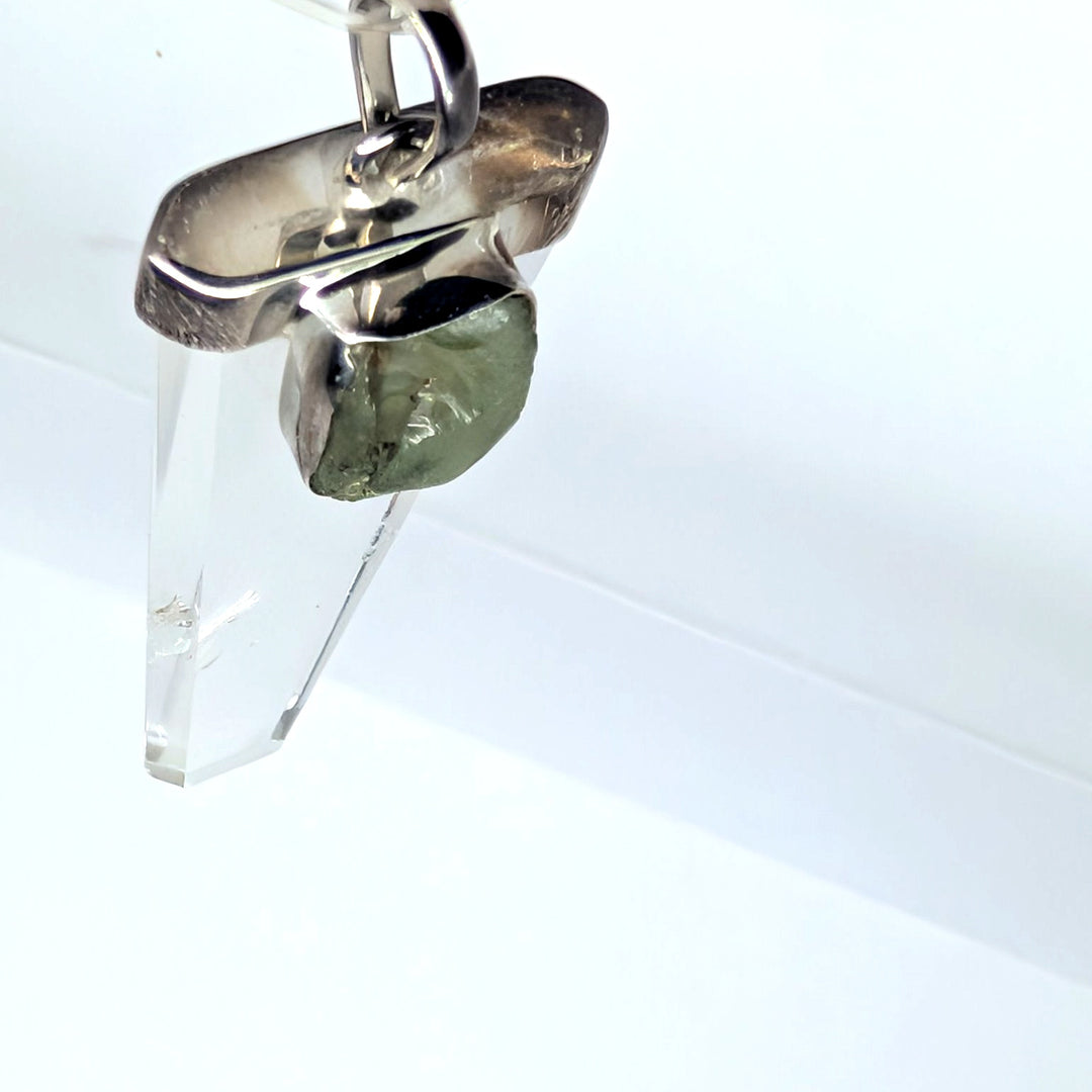 Moldavite & Clear Quartz Point Silver Pendant