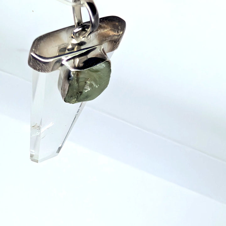 Moldavite & Clear Quartz Point Silver Pendant