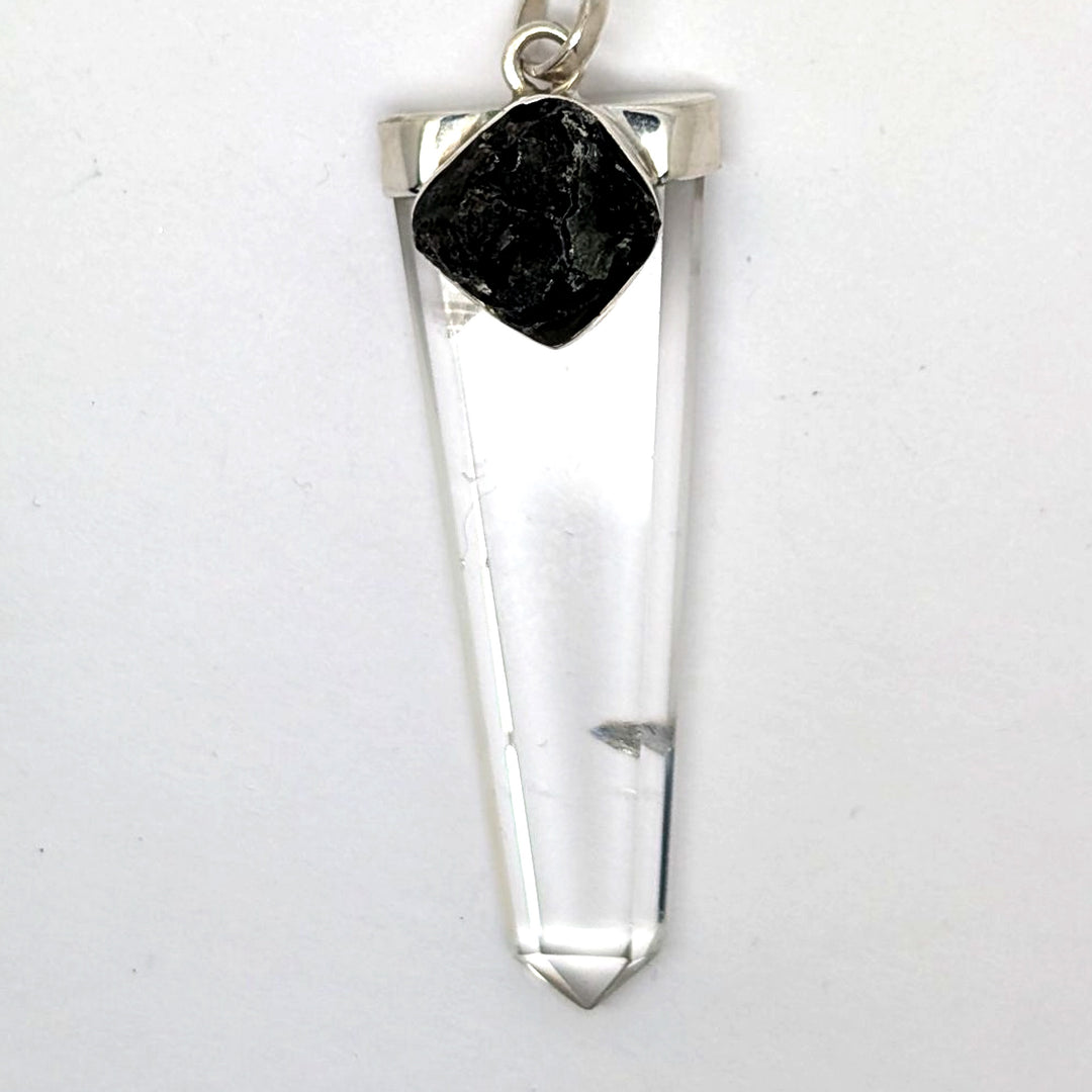 Moldavite & Clear Quartz Point Silver Pendant