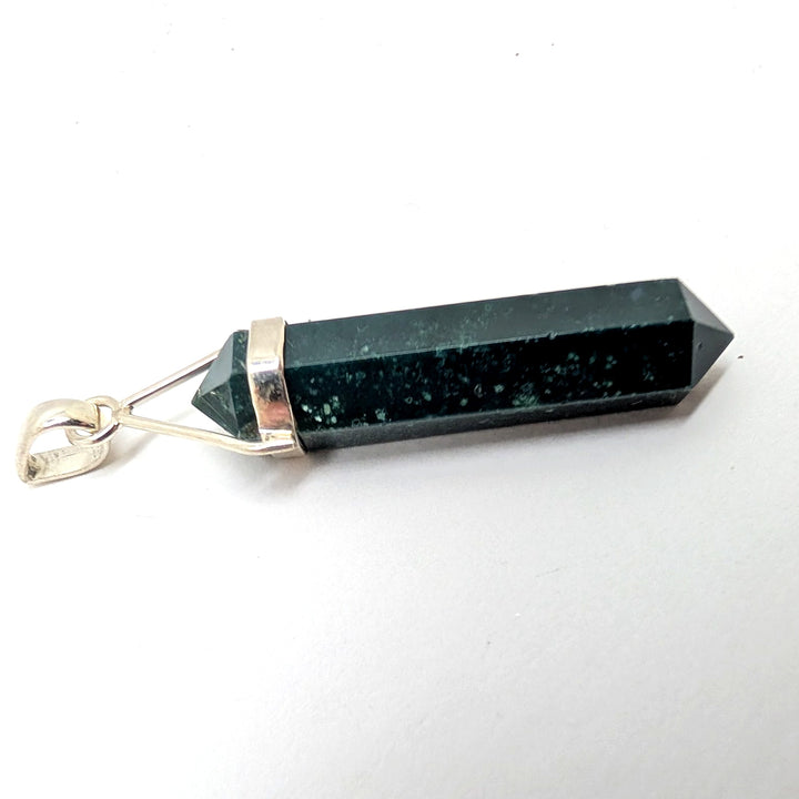 Moss Agate Silver Pendant Hexagonal Point Crystal 