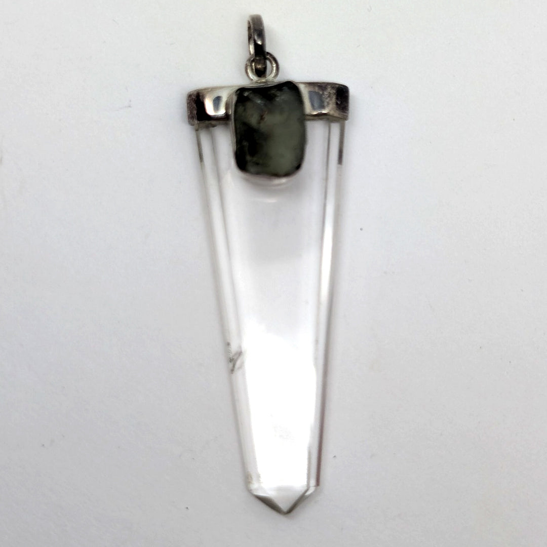 Moldavite & Clear Quartz Point Silver Pendant