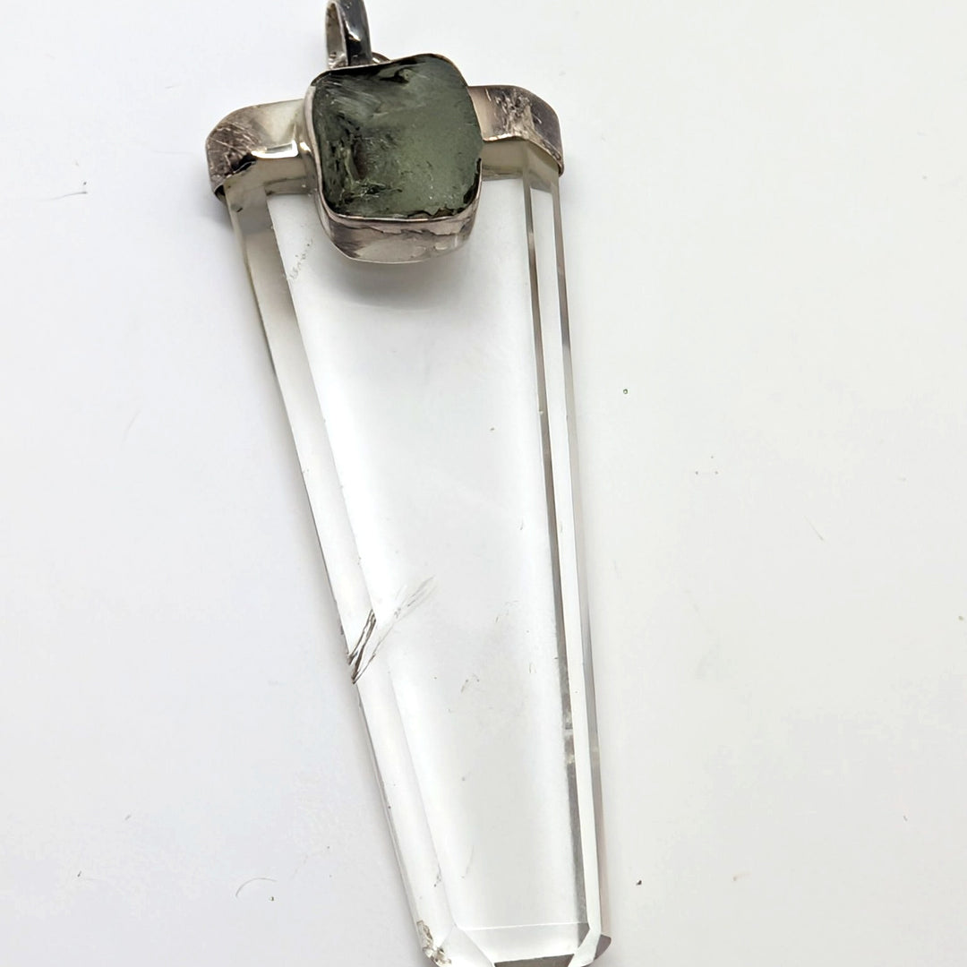 Moldavite & Clear Quartz Point Silver Pendant