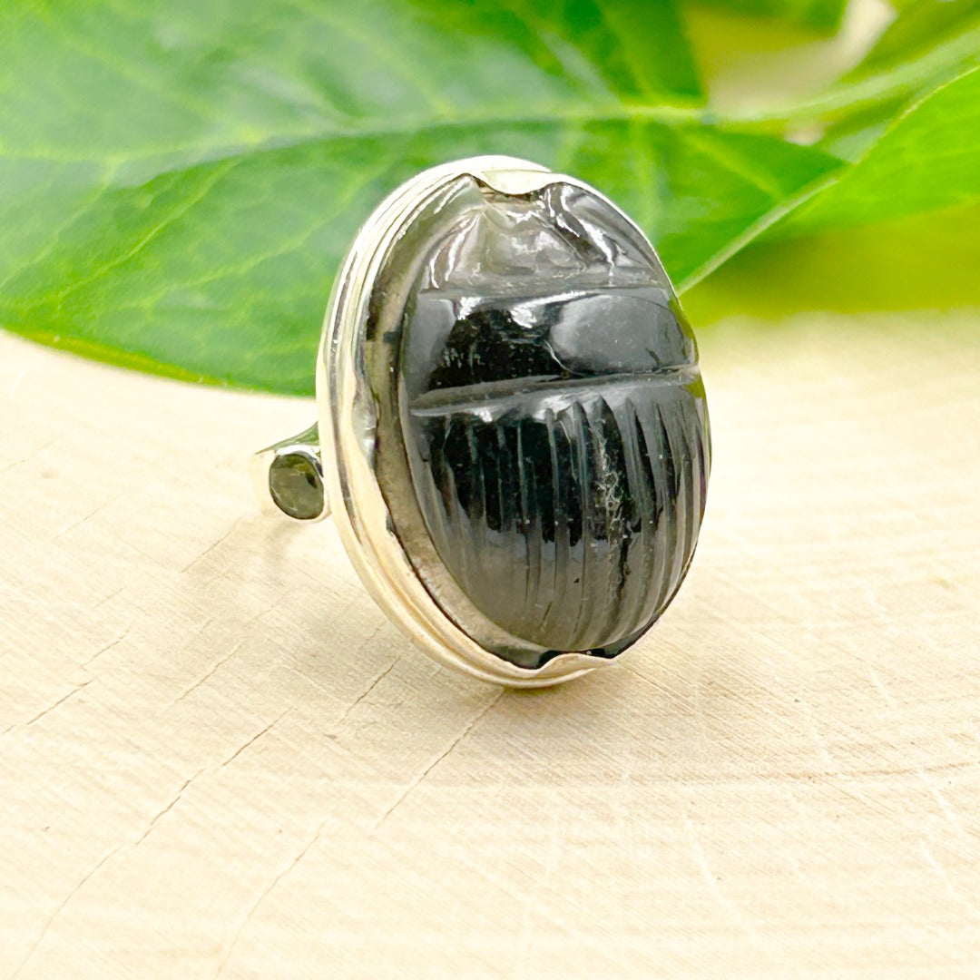 Moldavite Agni Manitite Scarab Beetle Sterling Silver Ring Size M
