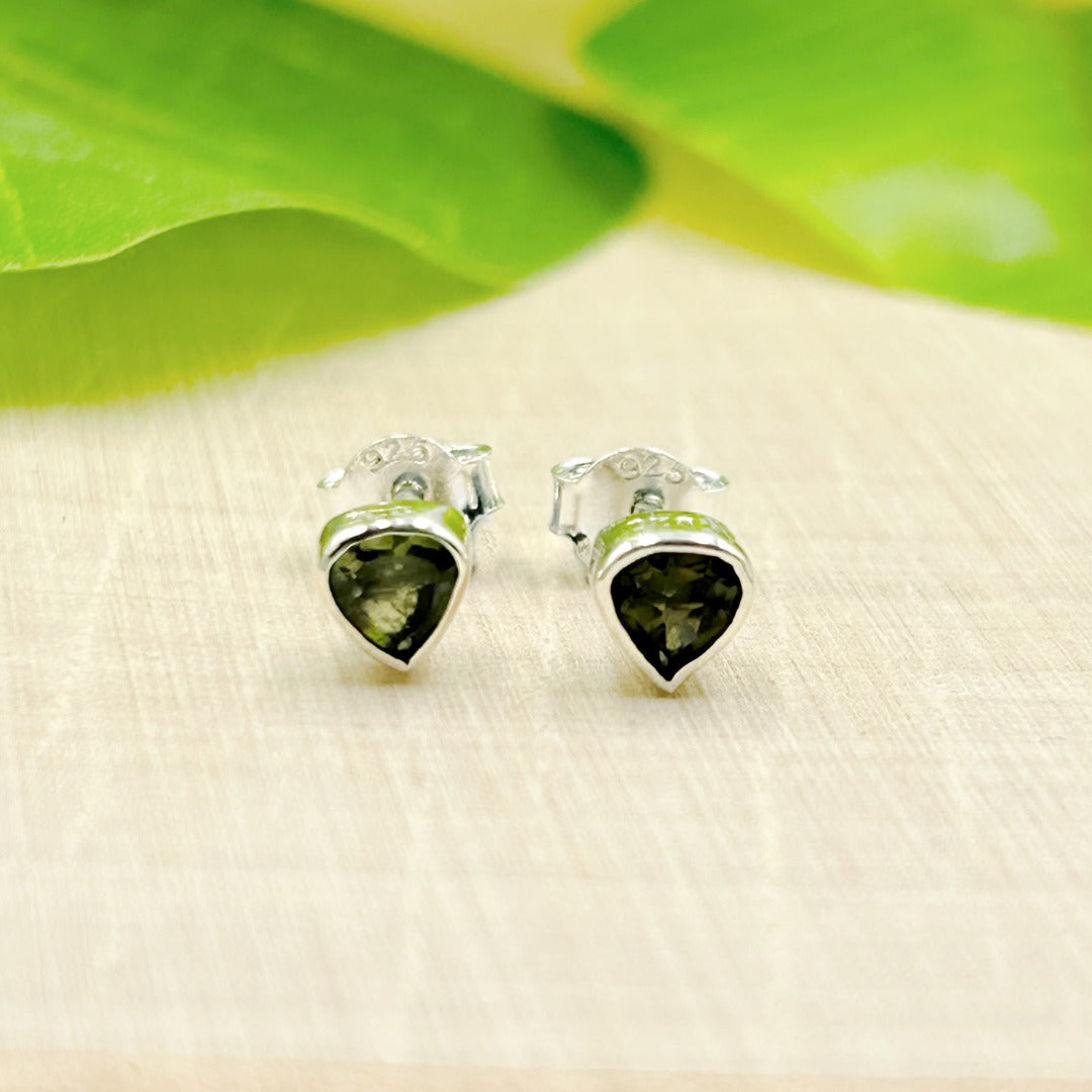 Moldavite Heart Shape Sterling Silver Stud Earrings 4mm