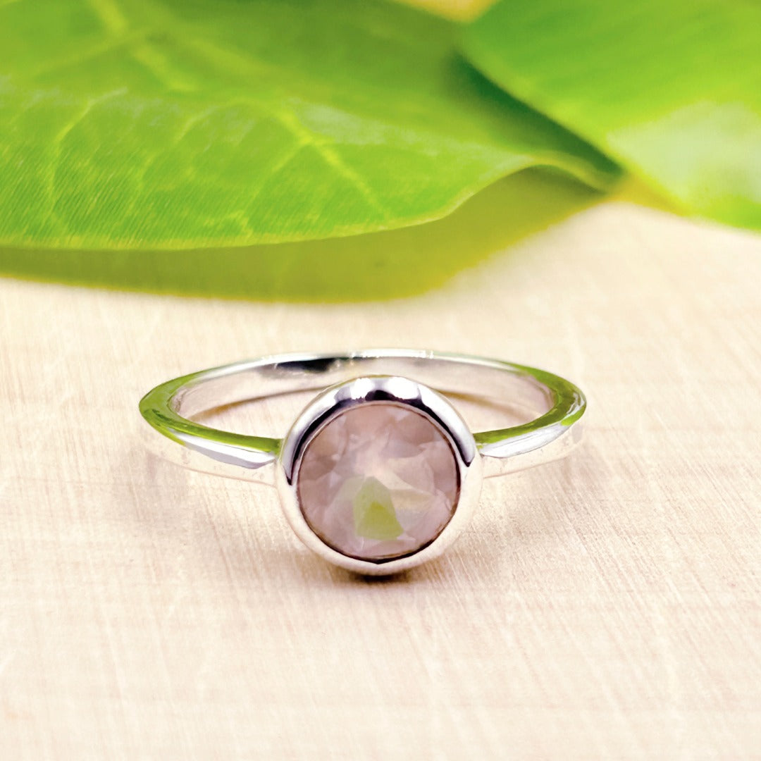 Rose Quartz Round 7mm Sterling Silver Ring Size 9
