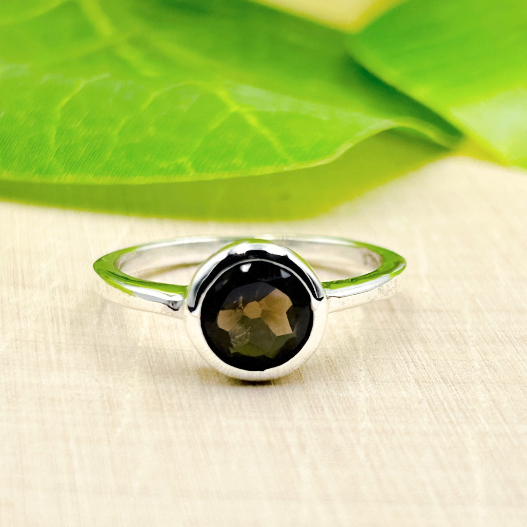 Smoky Quartz Round 7mm Sterling Silver Ring Size 8 / P