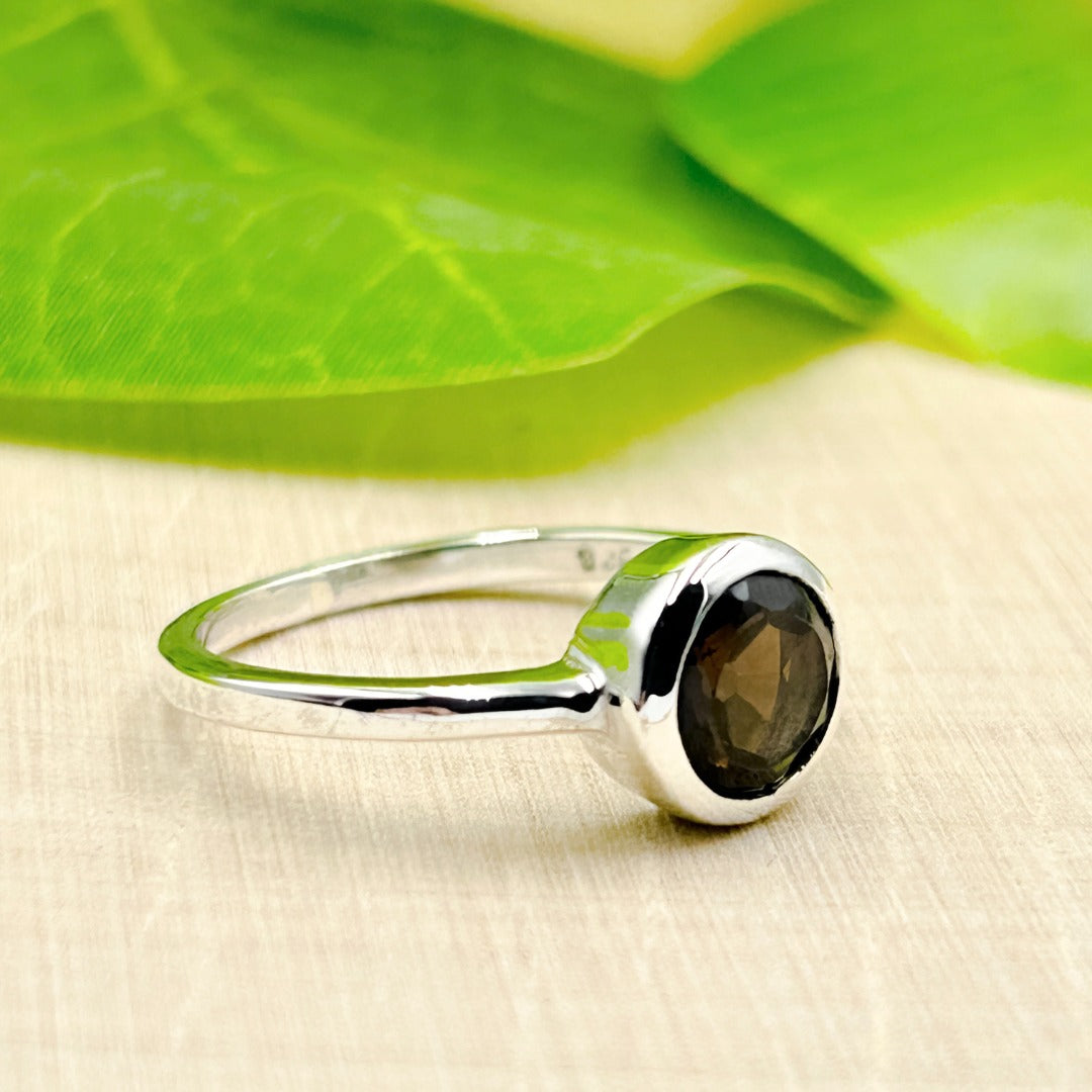 Smoky Quartz Round 7mm Sterling Silver Ring Size 8 / P