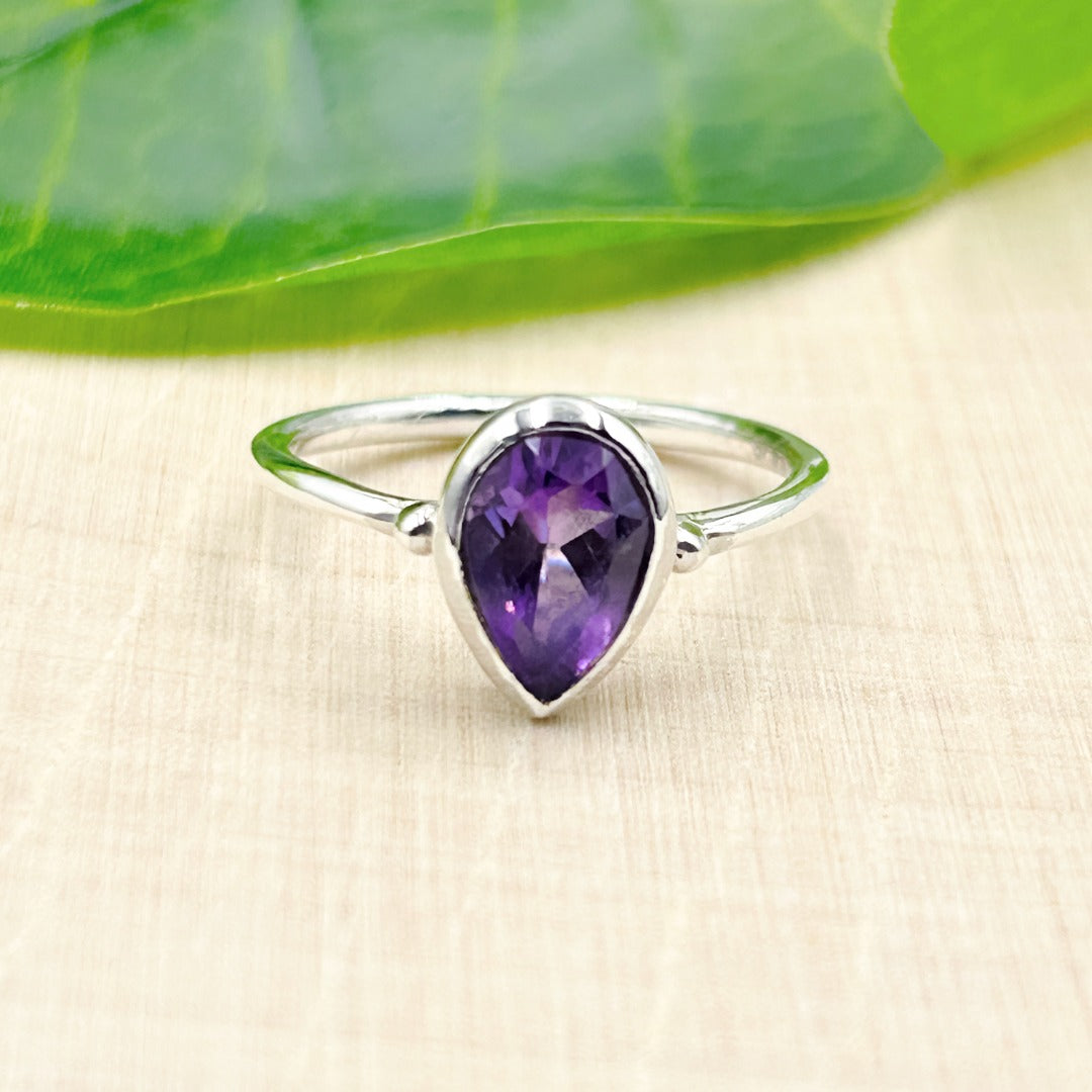 Amethyst Pear 6x9 Sterling Silver Ring Size 8