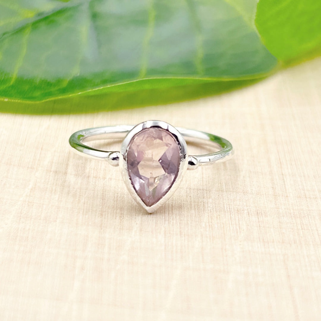 Rose Quartz Pear 6X9 Sterling Silver Ring Size 8