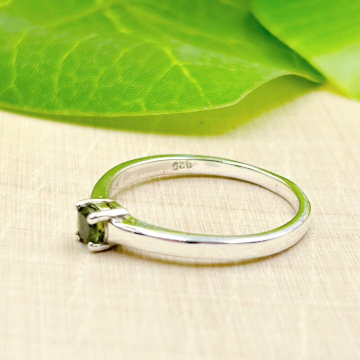 Moldavite 4mm Round Sterling Silver Ring Size 8