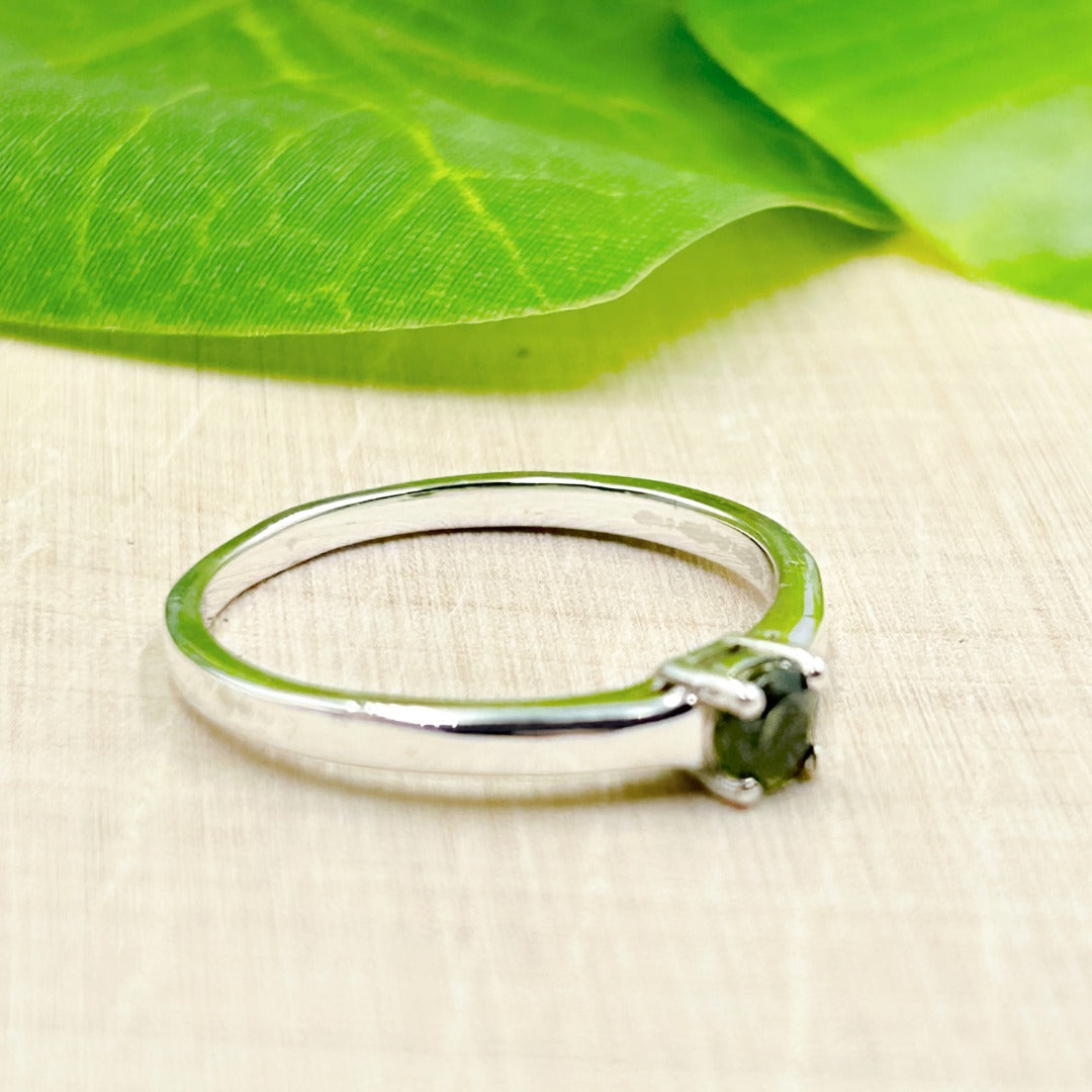 Moldavite 4mm Round Sterling Silver Ring Size 8