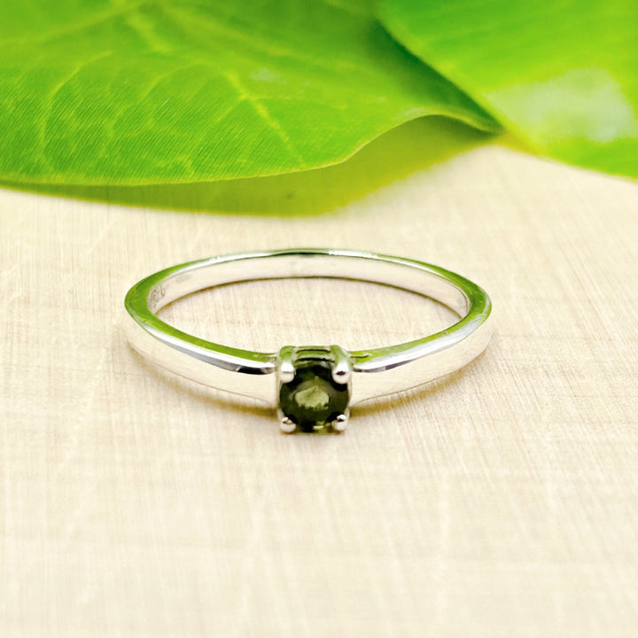 Moldavite 4mm Round Sterling Silver Ring Size 8