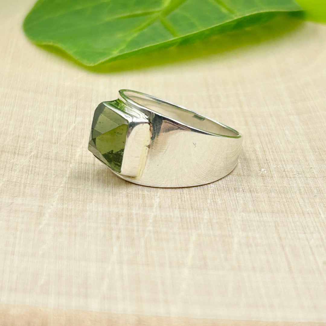 Moldavite Faceted Square Sterling Silver Ring Size 7  (720192 )