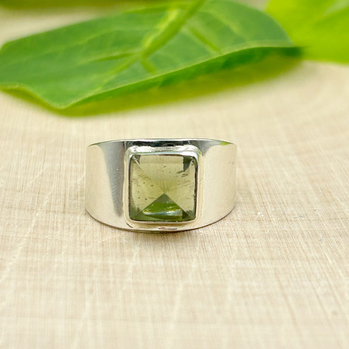 Moldavite Faceted Square Sterling Silver Ring Size 7  (720192 )