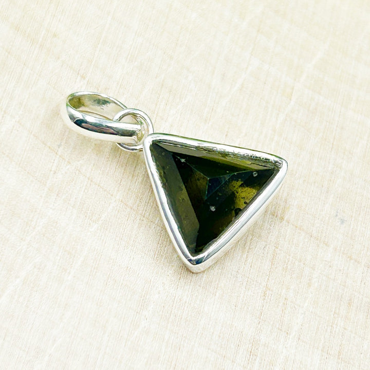 Moldavite Polished Triangle Sterling Silver Tektite Pendant ( 3 )