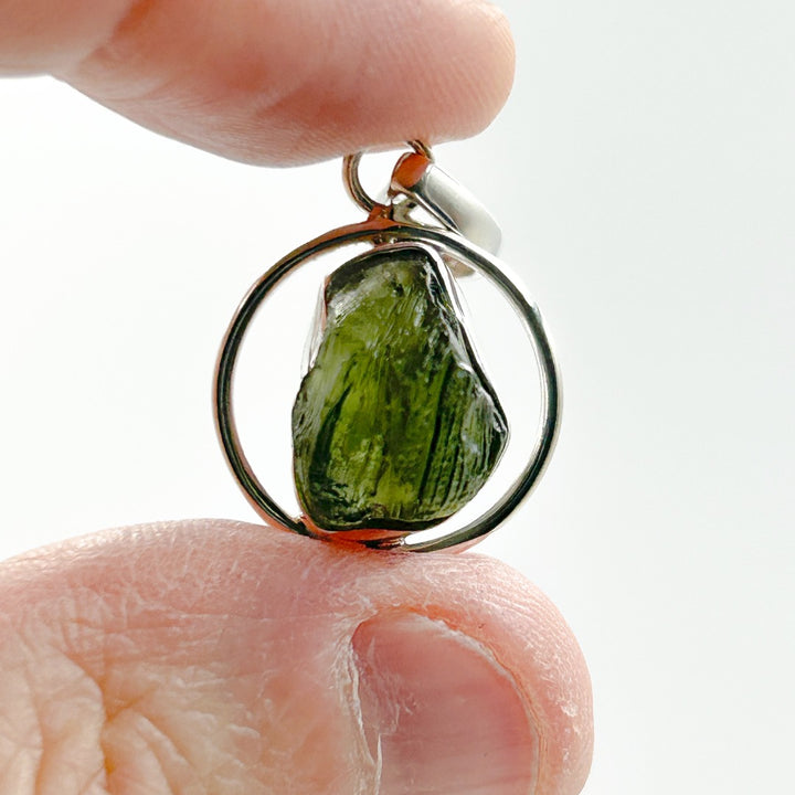 Moldavite Sterling Silver Circle Style Tektite Pendant ( 1 )