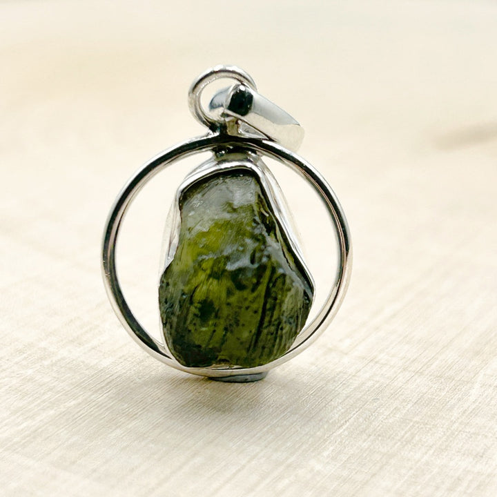 Moldavite Sterling Silver Circle Style Tektite Pendant ( 1 )