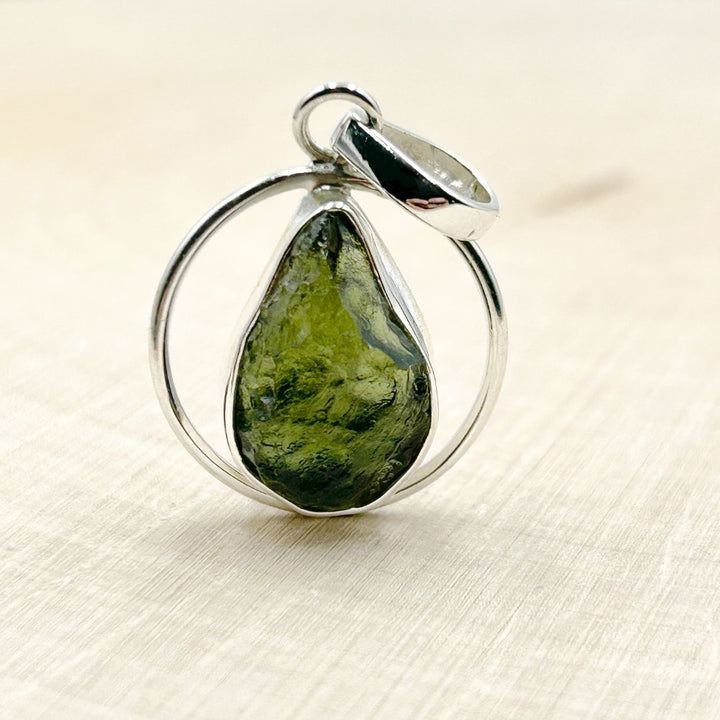 Moldavite Sterling Silver Circle Style Tektite Pendant ( 2 )